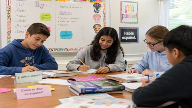 K-12 students learning Spanish in a classroom environment
