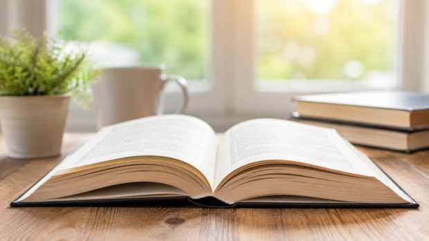 Open book on a desk in a bright study space