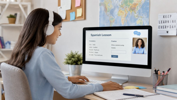 Student participating in an online Spanish lesson on a computer