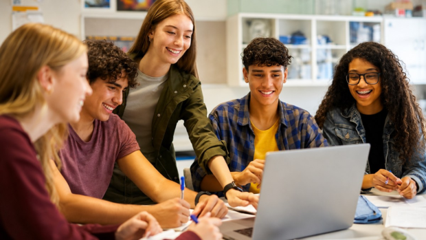 Students learning Spanish together using a laptop in a classroom