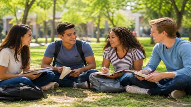 Students practicing language skills together in an outdoor study group